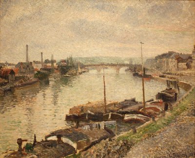 Die Steinbrücke und Lastkähne in Rouen von Camille Jacob Pissarro